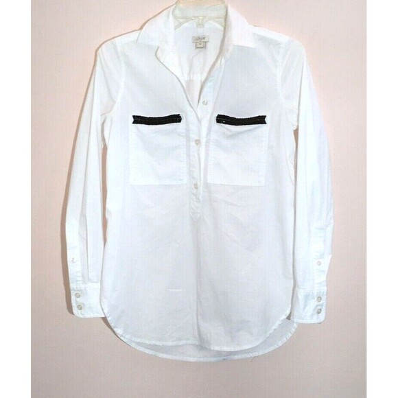 J CREW sz XXS 2XS 97% Cotton Stretch White Black Bead Pockets Classic Blouse - Picture 2 of 6